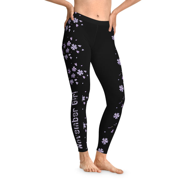 Floral Leggings, "November girl" with Violet flowers pattern, Stretchy Leggings 12% Spandex