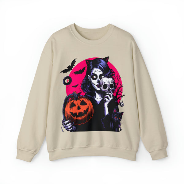 Halloween Lady, Skull, Cat and Pumpkin Sweatshirt - Unisex Fit, Sizes from S to 3XL, Available in black & 9 more colors