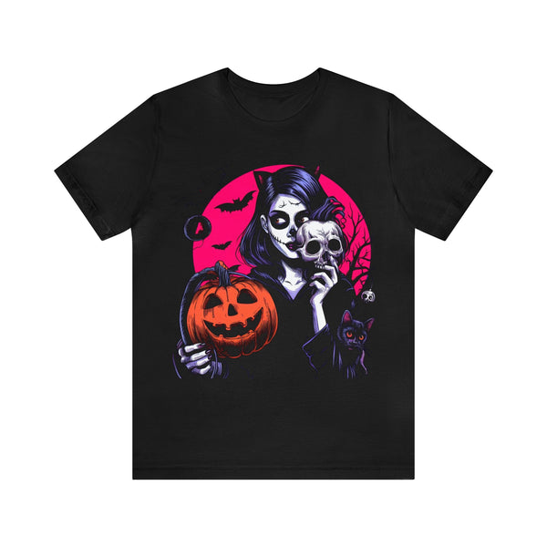 Halloween Lady, Skull, Cat and Pumpkin T-Shirt - Unisex Fit, Sizes from S to 3XL, Available in Black, Grey, and White