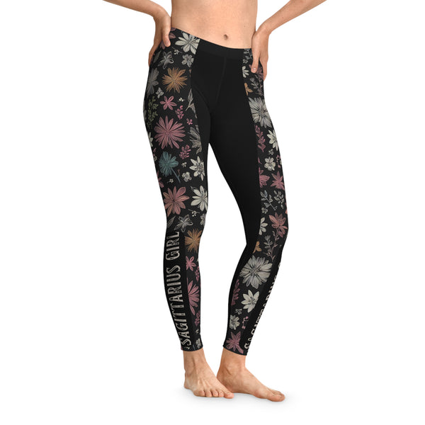 Floral Leggings, "Sagittarius Girl" with Holly flowers pattern, one line, Stretchy Leggings 12% Spandex
