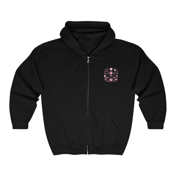 Libra Astrology Hoodie, 2 sided, Zip-up - Pink Scale, Flowers, Balloon, & Libras do it with style, Unisex - Sizes S to 3XL, Multiple Colors