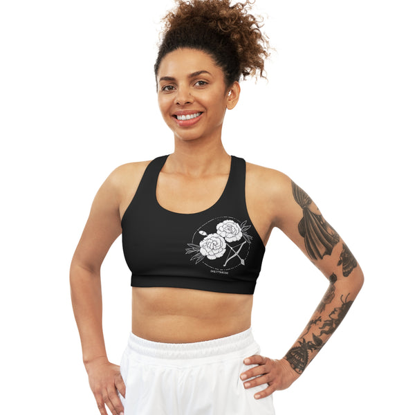 Sagittarius black, 2 sided Sports Bra, Carnations flower, "Guided by stars, powered by dreams." Seamless Sports Bra, XS to XL.