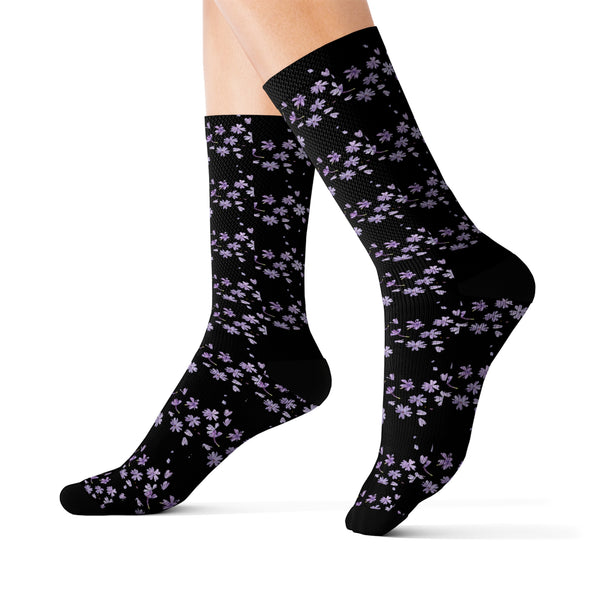Floral Socks, Black with full Violet flowers pattern, Cushioned bottoms, S to L