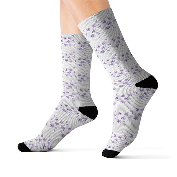 Floral Socks, White with full Violet flowers pattern, Cushioned bottoms, S to L