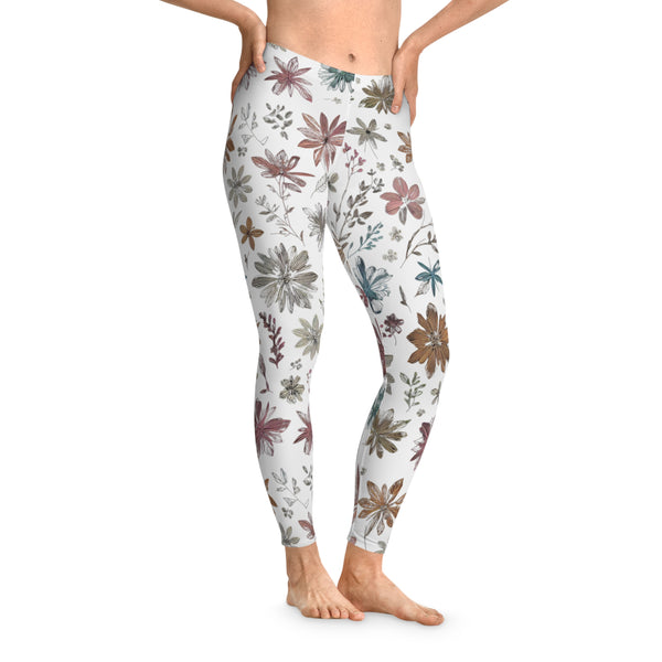 Floral Leggings, White with Holly flowers full pattern, Stretchy Leggings, 12% Spandex