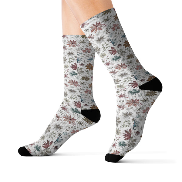 Floral Socks, White with full Holly flowers pattern, Cushioned bottoms, S to L