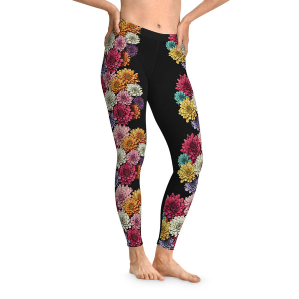Floral Leggings, one line with chrysanthemum flowers pattern, Stretchy Leggings 12% Spandex