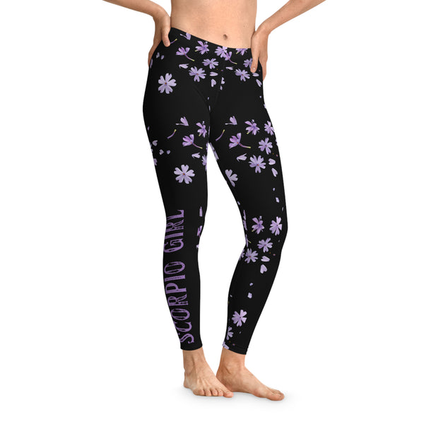 Floral Leggings, "Scorpio girl" with full Violet flowers pattern, Stretchy Leggings, 12% Spandex