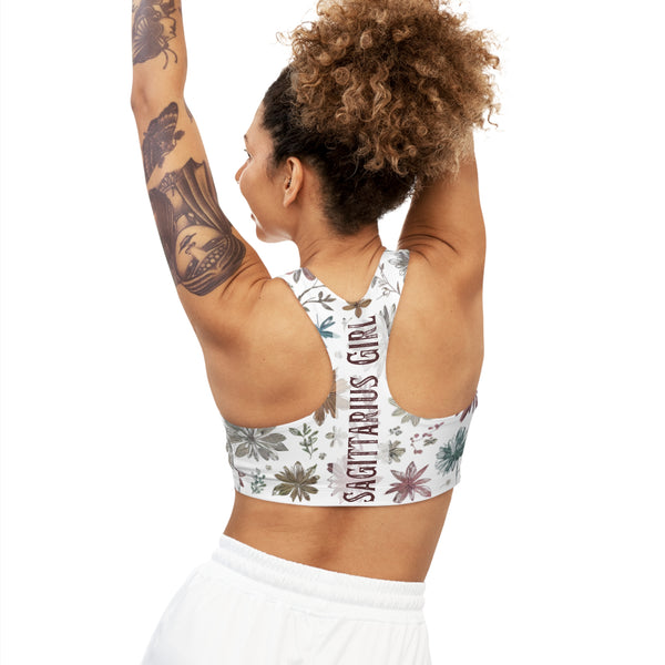 Floral Sports Bra, "Sagittarius Girl" , White with Holly flowers pattern, Seamless Sports Bra, XS to XL.