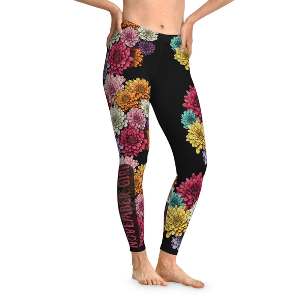 Black Floral Leggings, "November girl", one line with chrysanthemum flowers pattern, Stretchy Leggings 12% Spandex
