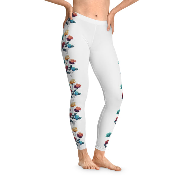 Colourful Roses bouquet White Leggings, one line, Stretchy Leggings, 12% Spandex