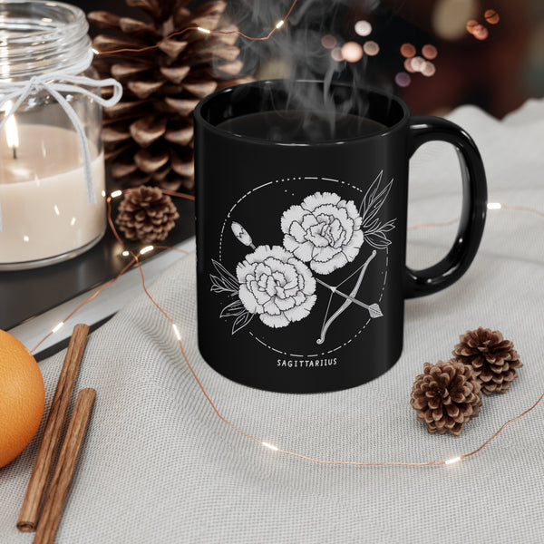 Sagittarius Mug, carnations flower and "Guided by stars, powered by dreams", Black Ceramic Mug 11oz