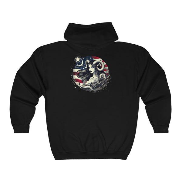 Capricorn Lady and the flag ,"Sass with a side of sarcasm", Zip-up,  2 sided, Hoodie, Unisex - Sizes S to 3XL, Multiple Colors
