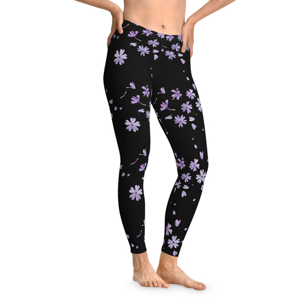 Floral Leggings, with Violet flowers full pattern, Stretchy Leggings, 12% Spandex