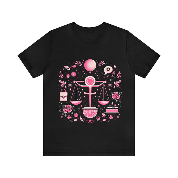 Libra Astrology T-Shirt - Pink Scale, Flowers, Balloon - Perfect Birthday Gift for Libras, Unisex Jersey Tee - Sizes S to 3XL, Multiple Colors