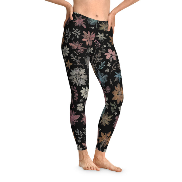 Floral Leggings, black with Holly flowers full pattern, Stretchy Leggings, 12% Spandex