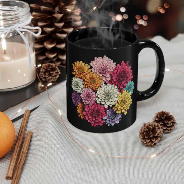 Colourful full Chrysanthemum Bouquet black Ceramic Mug 11oz