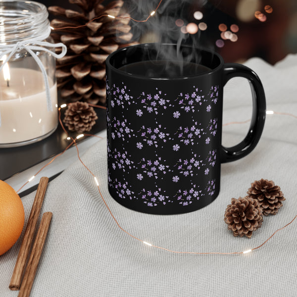 Floral Mug, Black with full Violet flowers pattern, Ceramic Mug 11oz