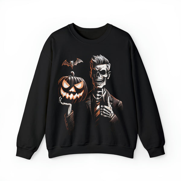Halloween skeleton in a suit, bat and pumpkin spooky Sweatshirt, - Unisex Fit, Sizes from S to 3XL, Available in black & 9 more colors