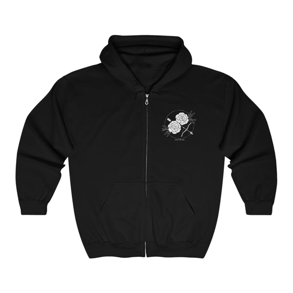 Sagittarius Zip-up Hoodie, carnations flower, "Guided by stars, powered by dreams." 2 sided, Unisex, Available in 3 Colors, Sizes S to 5XL