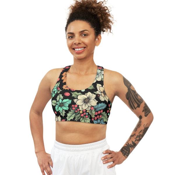 Floral Sports Bra, black with Holly flowers and red berries pattern, Seamless Sports Bra, XS to XL.