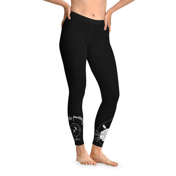 Sagittarius black Leggings, carnations flower and "Guided by stars, powered by dreams, Stretchy Leggings, 12% Spandex