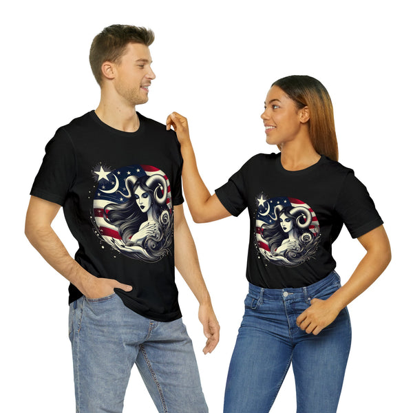 Capricorn Lady and the flag T-shirt, Unisex, Multiple colors, size S to 3XL